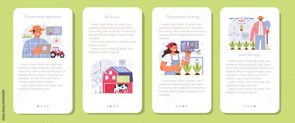 Smart farming mobile application banner set. Farm worker growing Smart farming mobile application banner set. Farm worker growing