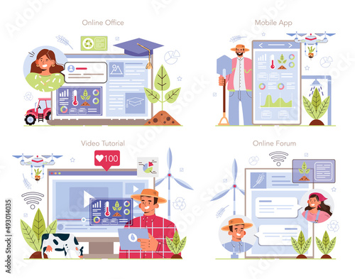 Smart farming online service or platform set. Farm worker growing