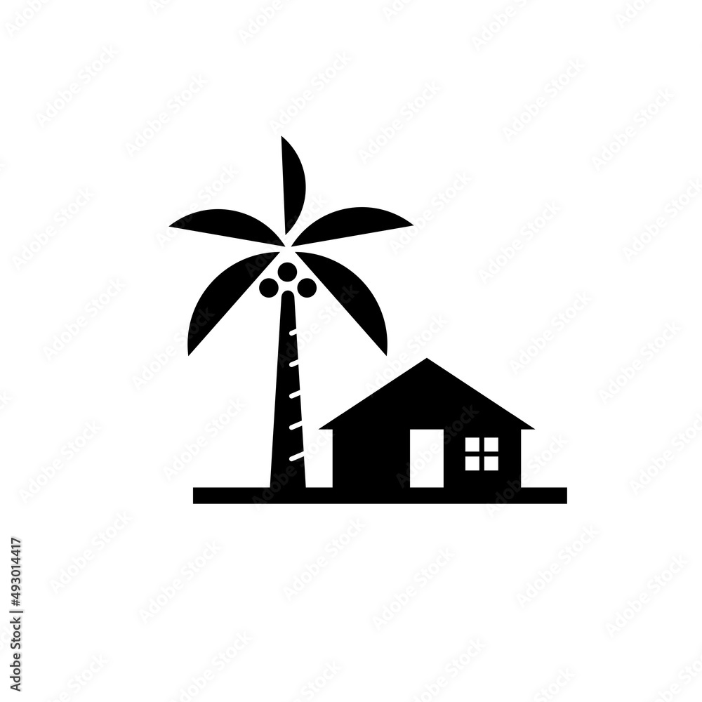 tropical beach house with palm coconut tree icon simple vector logo ...