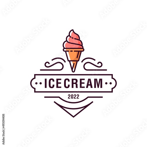 premium classic ice cream scoop badge hipster logo icon in trendy cartoon elegant line style 