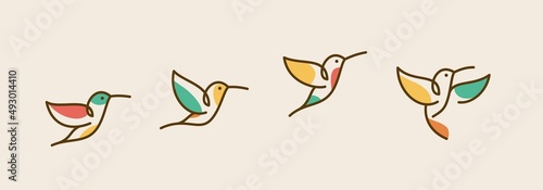 Foto boho style Illustration of colibri birds in wall art design, minimal bird line l