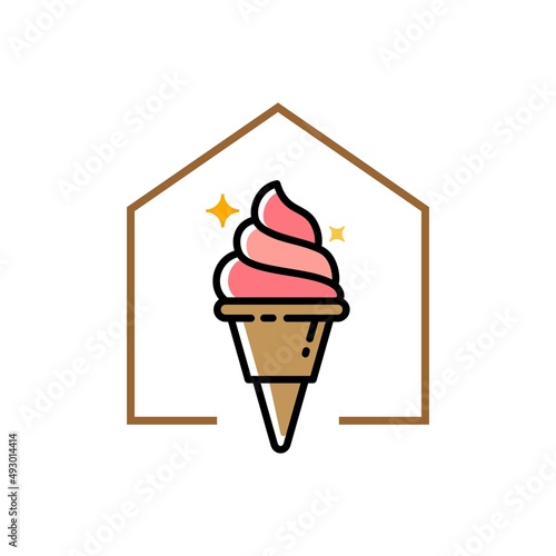 house of ice cream cone concept logo design on trendy line art style artwork