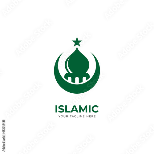 simple green islamic logo design, modern islamic logo with mosque, moon and star shape vector