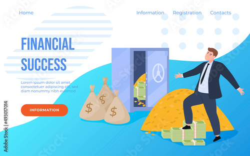 Bank account landing page financial success business man on stack cash money dollar vector isometric