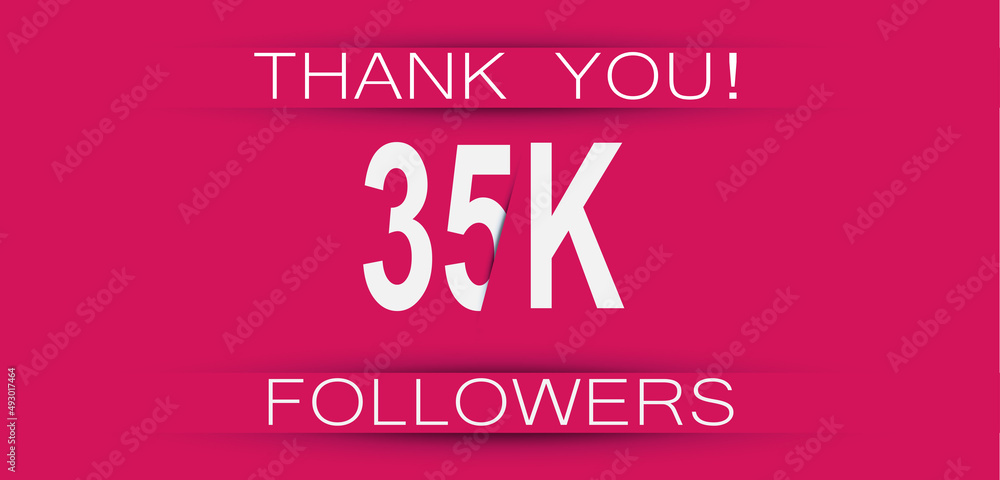 35k followers celebration. Social media achievement poster,greeting card on pink background.