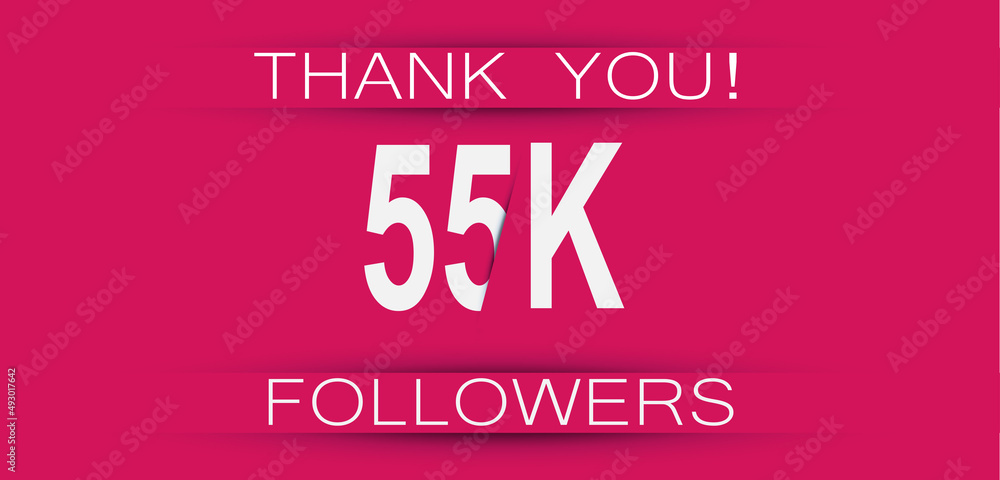 55k followers celebration. Social media achievement poster,greeting card on pink background.