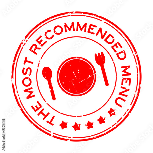 Grunge red the most recommended menu word with dish, spoon and fork icon rubber seal stamp on white background
