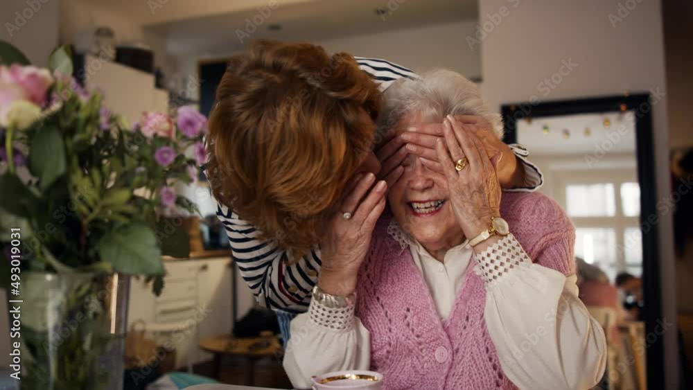 Happy mature woman surprising her senior mother when visiting her at home. Happy mature woman surprising her senior mother when visiting her at home.