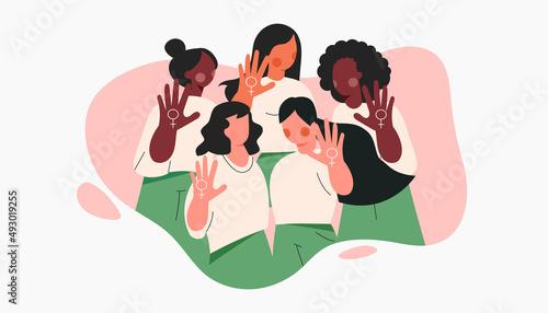 Women power or protest against gender violence and harassment. Feminism concept. Girls diverse team show stop gesture. Female community, sisterhood, unity and equality. Cartoon vector illustration