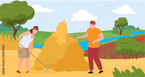 Modern man and woman making hay rakes and pitchforks at countryside nature landscape vector flat