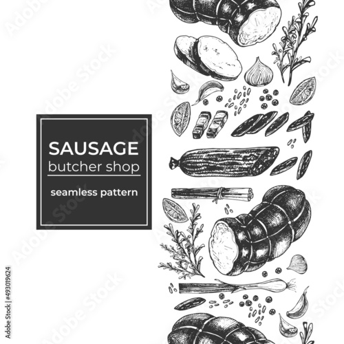 sausages and spices, engraving, seamless pattern contour drawing of sausage and spices, engraving, seamless pattern for a showcase, black outline, white background, cafe menu, restaurant, butcher shop