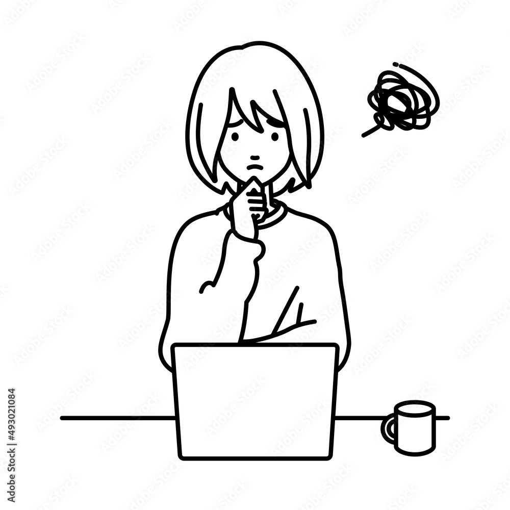 デスクで座ってPCを開いて困っているリモートワークの女性