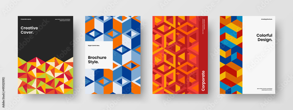 Premium mosaic tiles handbill illustration composition. Creative corporate brochure design vector template bundle.