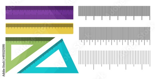 Set of different rulers, straight, triangular with divisions. Black white divisions for printing. School, office supplies on an isolated white background. Vector illustration in a simple cute style.