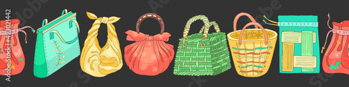 eco bags seamless pattern eco bags, summer colors, colorful gamut, fabric, bamboo, straw bags and wallets, seamless pattern, isolated elements