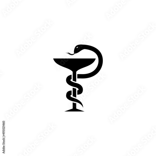 simple medical logo design, pharmacy symbol with snake and chalice bowl illustration vector