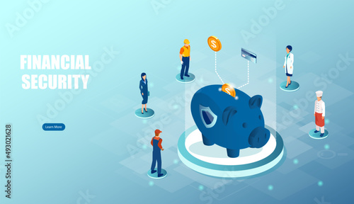 Vector of people of different occupations standing around a piggy bank