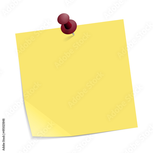 yellow adhesive note with red push pin isolated on white background, vector illustration