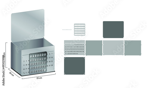 Perpetual calendar box laser cut vector model, Wood, Plywood, Metal calendar box CNC cut file. Corporate and business calendar box. Week Starts Monday. photo