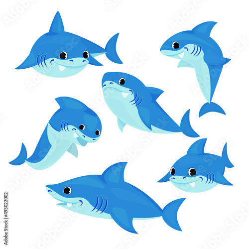 Vector set of blue shark cartoon. Comic shark animals  cute character emotions  scary jaws and underwater ocean fish cheerful mascot for kids.