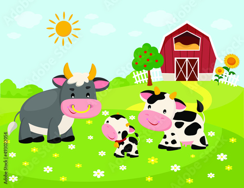 Vector illustration of cow family. Farm background © Janna7