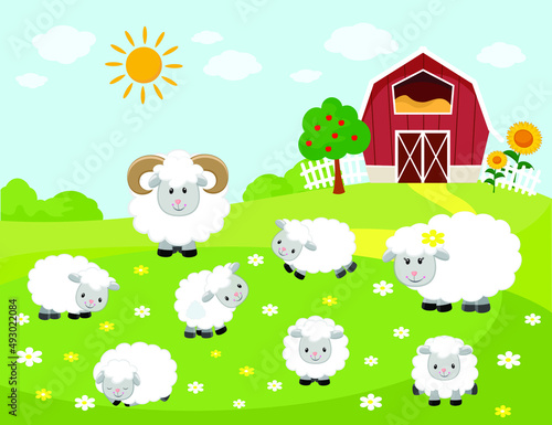 Vector illustration of sheep family. Farm background © Janna7