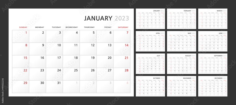 Wall quarterly calendar template for 2023 in a classic minimalist style. Week starts on Sunday. Set of 12 months. Corporate Planner Template. A4 format horizontal - obrazy, fototapety, plakaty 