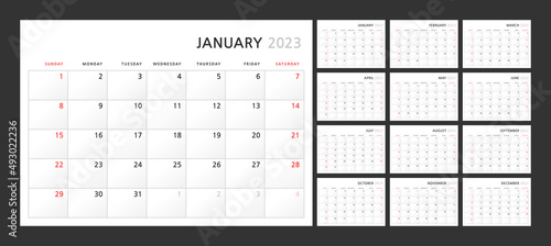 Wall quarterly calendar template for 2023 in a classic minimalist style. Week starts on Sunday. Set of 12 months. Corporate Planner Template. A4 format horizontal photo