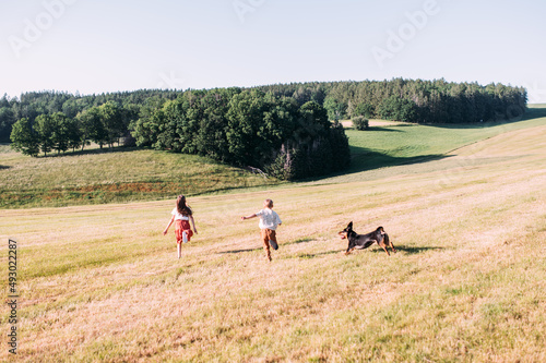 Fototapeta Naklejka Na Ścianę i Meble -  Kindliche Freiheit in der Natur - Kinder rennen über ein Feld und spielen mit ihrem Hund 