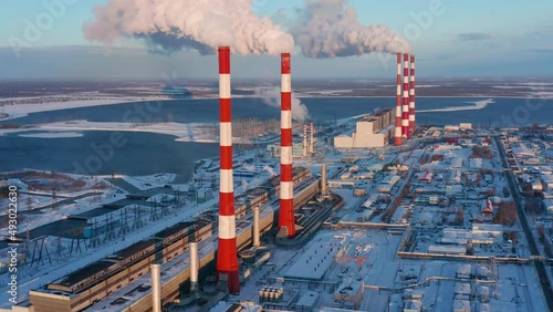 Surgut. Hydro-circulation power plant (GRES-2). The largest thermal power plant in Russia. Aerial view.