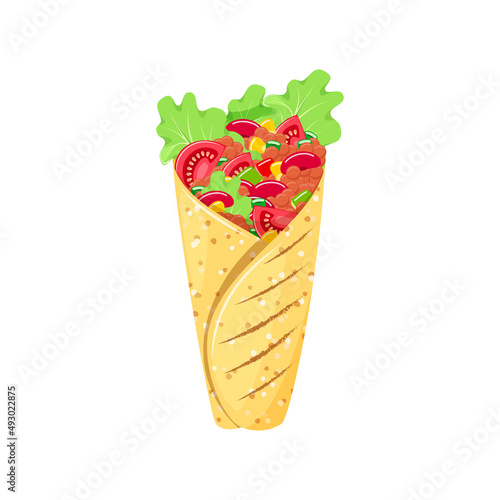 Mexican burrito icon. Illustration of traditional Mexican food isolated on a white background. Ground meet with vegetables rolled into tortilla. Vector 10 EPS.