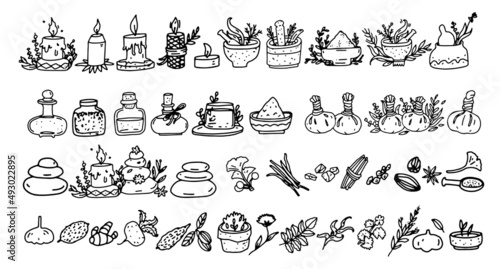 Ayurveda doodle icons set, Ayurvedic Folk Medicine Items, bottles, herbal, massage bag, mortar and pestle, candle, spa hot stones massage. Vector illustrations of ayurveda elements isolated on white