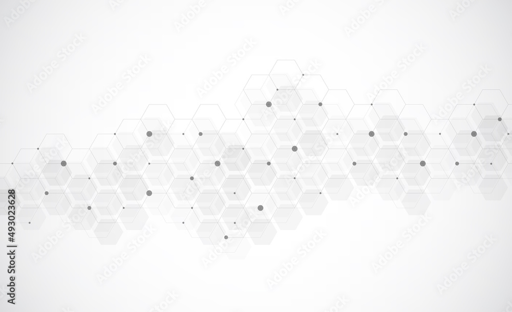 Hexagons pattern on gray background. Genetic research, molecular structure. Chemical engineering. Concept of innovation technology. Used for design healthcare, science and medicine background Hexagons pattern on gray background. Genetic research, molecular structure. Chemical engineering. Concept of innovation technology. Used for design healthcare, science and medicine background