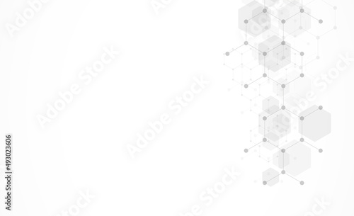 Hexagons pattern on gray background. Genetic research, molecular structure. Chemical engineering. Concept of innovation technology. Used for design healthcare, science and medicine background