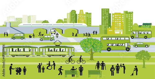 Grüne Stadt mit Nahverkehr, Illustration