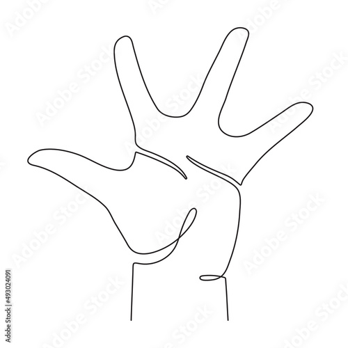 Hand with 4 fingers, wrong palm, one line art, continuous contour. Editable stroke. Isolated. Vector illustration