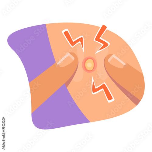 Squeeze painful pimples with fingers 2D vector isolated illustration. Pimple popping flat sticker on cartoon background. Dealing with skin problems colourful scene for mobile, website, presentation