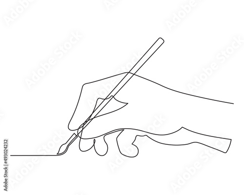 Hand holding painting brush, one line art, hand drawn continuous contour. Palm with fingers drawing art.Editable stroke. Isolated. Vector illustration