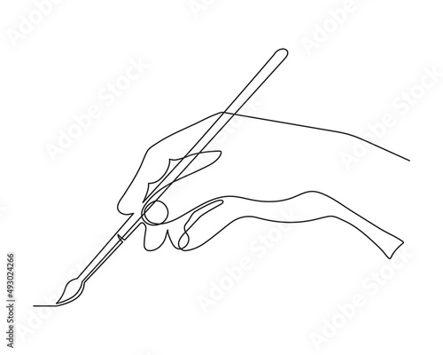 Hand holding painting brush, one line art, hand drawn continuous contour. Palm with fingers drawing art.Editable stroke. Isolated. Vector illustration