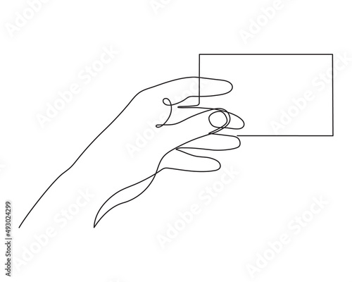 Hand holds credit card, one line art, hand drawn continuous contour.Decoration for business.Minimalist design.Editable stroke.Isolated.Vector illustration