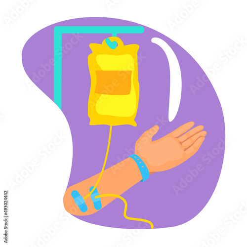 Intravenous injection 2D vector isolated illustration. Medical technique flat sticker on cartoon background. Delivering medication into vein colourful scene for mobile, website, presentation