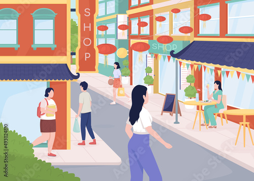 Busy street in Chinatown lat color vector illustration. Chinese community. People visiting restaurants and shops 2D simple cartoon characters with cityscape on background. Comfortaa font used