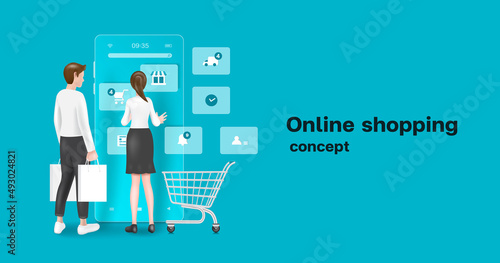 Woman stands in front of a smartphone and presses online order button and a man stood beside her holding a shopping bag,vector 3d isolated on blue background for technology and online shopping concept