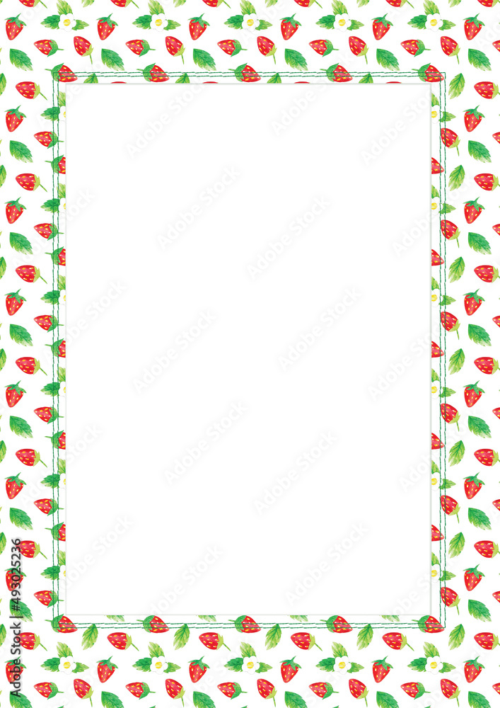 Hand-painted watercolor strawberry frame border. A4 A5 international size with illustration with free copy space for text. Kidcore cute vintage papercut background.