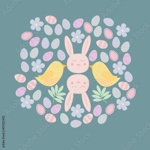 Easter illustration with bunny, bird, flowers and eggs