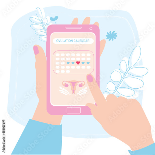 The hand holds a smartphone with a mobile application for women. The concept of planning pregnancy, conception, motherhood. Ovulation date. Menstrual cycle calendar. Illustration of personal hygiene.	