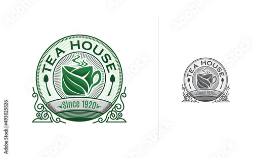 Teacups vector symbols template design with vintage style for Tea House or cafeteria and restaurant.