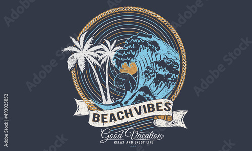 Wave with palm tree print design for t shirt, poster, sticker and others. Summer beach vibes vector artwork design.