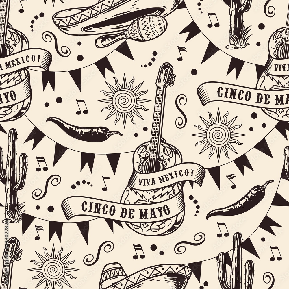 Fototapeta premium Mexican guitar vintage seamless pattern
