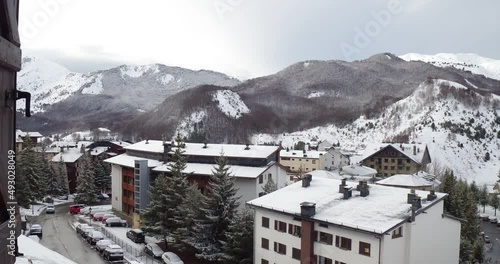 subjective image from a window overlooking the Formigal-Panticosa ski resort in Huesca, Aragon, Spain. March 12, 2022.